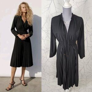 Zara Black Poplin Tie Neck Pleated Midi Long Sleeve Dress